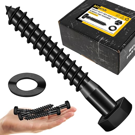 Mywish (25Sets) 1/2" x 3" Lag Bolts, 304 Stainless Steel 1/2 inch Lag Screws Bolts for Wood, Heavy Duty Hex Head with Flat Washers Bolt Kit, Black Oxided