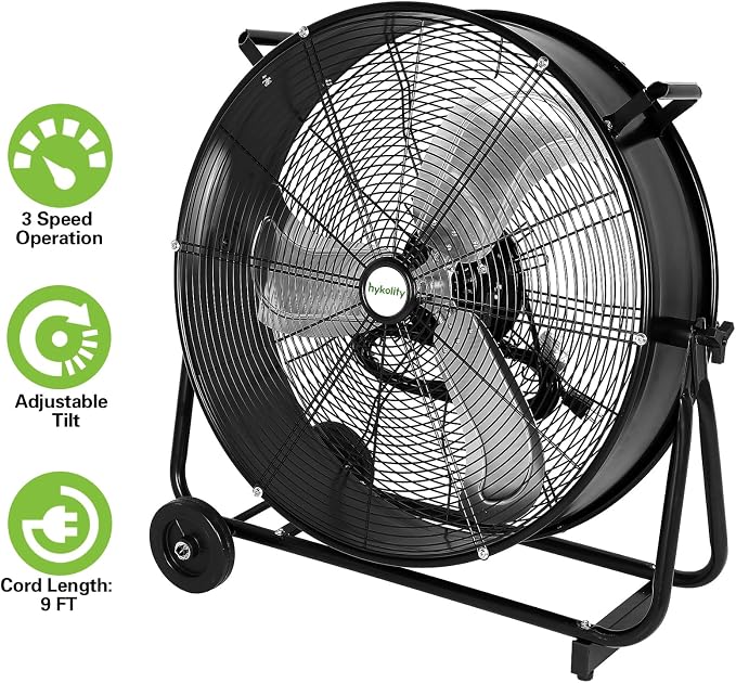 hykolity 24" High Velocity Industrial Drum Fan, 8100 CFM 3-Speed Heavy Duty Metal Shop Fan for Workshops, Warehouse, Garage and Factory, UL Listed