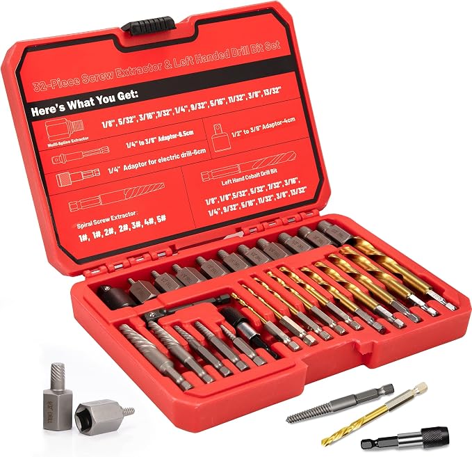 32Pcs Screw Extractor Set, Left Hand Drill Bit Set 6542/4341 HSS, Easy Out Bolt Extractor Set with Hex Adapter, Multi-Spline Stripped Bolt Remover for Broken Rusted Nuts Screws, Bolts, Studs