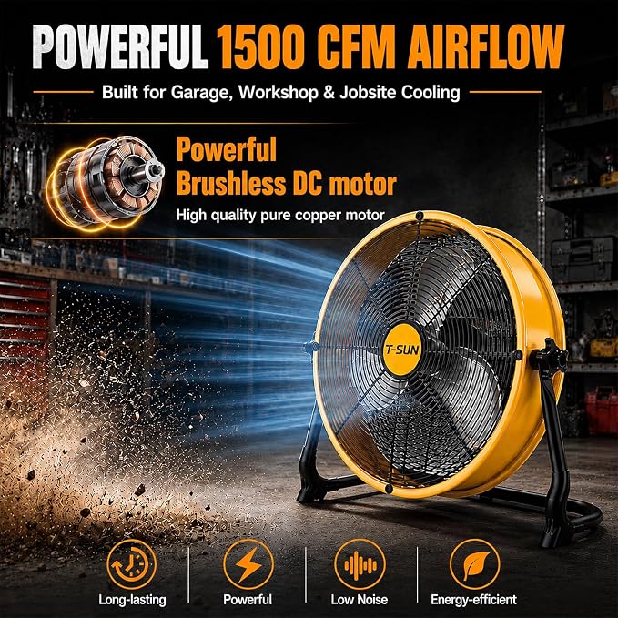 T-SUN 12-Inch Portable Fan Compatible with DeWalt 20V MAX Battery, Battery Powered Fan with AC Adapter & USB-C Output, High Velocity Cordless Floor Fan for Jobsite, Garage, Camping