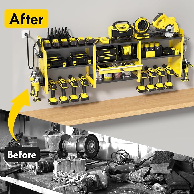KSVO Large Power Tool Organizer Wall Mount with Locking Drawers, Grinder Holder, Hammer & Pliers Rack, & 6-Outlet Charging Shelf – Heavy Duty Metal Tool Storage for Garage & Workshop