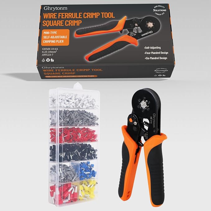 Ferrule Crimping Tool Kit, AWG 10-6 Self-adjustable Ratchet Wire Ferrule Crimper Plier Set with 1800pcs Wire Terminals Crimping Connectors Wire Ends Ferrules, Black/Orange
