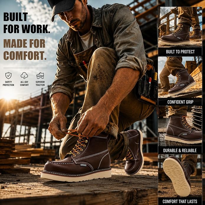 Work Boots for Men, 6" Leather Lightweight Comfort Moc Toe Steel Toe Puncture Resistant Wedge Safety Boots, Goodyear Welt, Industrial, Construction, Electrician, US 7-17