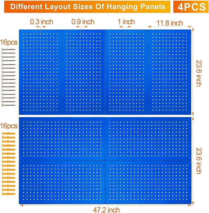 Metal Pegboard Panels, Heavy Duty Peg Boards, 24" x 12" Pegboards | 4Pack Wall Organizer, Peg Board for Walls Home, Garage Tool Storage, Office Organization, Craft Room, Kitchen