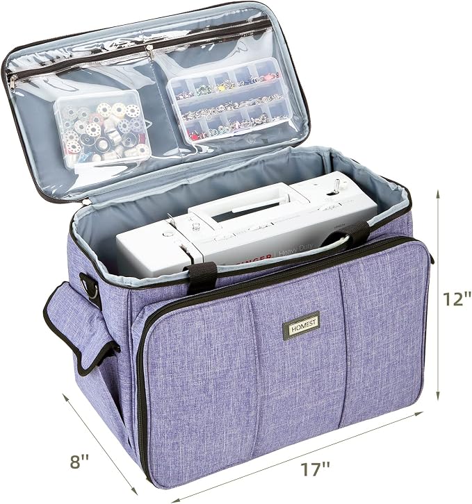 HOMEST Sewing Machine Carry Case, with Shoulder Strap and Front Pocket | Fits most standard Singer, Brother and Janome machines, with storage pockets for sewing accessories and tools, Purple