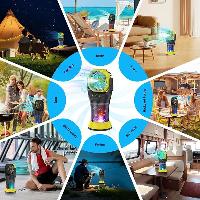 Wilody Misting Fan Portable Battery Powered, Camping Fan with RGB Ambient Light with 2L Bucket, Battery Indicator, 120° Auto Oscillating, Timing Function, Grip Handle(Yellow)