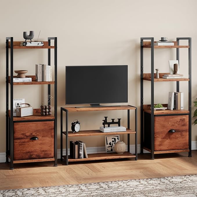 DUMOS 4 Tier Bookshelf with Fabric Drawer, Industrial Bookcase, Narrow Display Standing Shelf, Wood and Metal Storage Shelf Organizer in Bedroom, Living Room, Brown