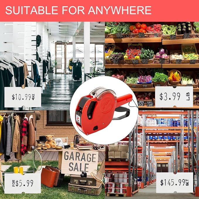 Motex MX-5500 New Version 1 Line 8 Digits Price Tag Gun Kit - Includes 10,000 White BlankLabels and 1 Pre-Loaded Inker with 1 Ink Refill - for Grocery Store, Retail Shop, Garage Sale (Red)