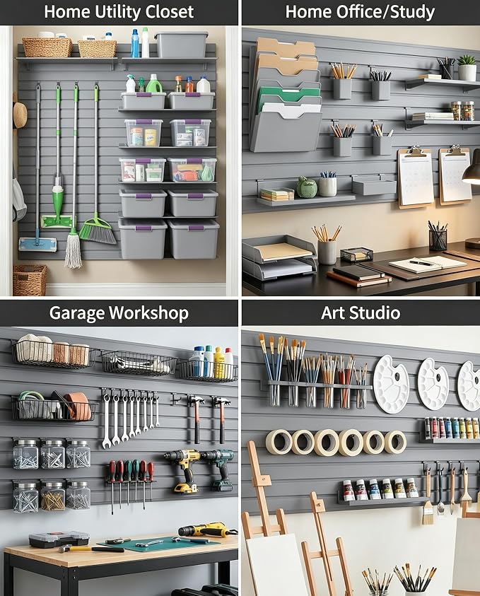 FRAYSCENT Slat Wall Paneling Garage Wall Organizer, Slatwall Panels Garage Tool Organizer Wall Mount Garage Slat Wall Storage Systems, Slat Board PVC Wall Panels (Grey, 8ftx4ft with 2H Trim)
