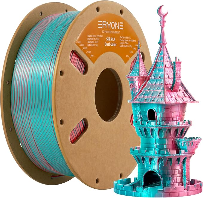 ERYONE Silk Dual Color PLA Filament 3D Printer 1.75mm +/- 0.03mm, Bicolor Filament Two Tone PLA 1KG(2.2lbs) Cardboard Spool, Teal&Orange Red