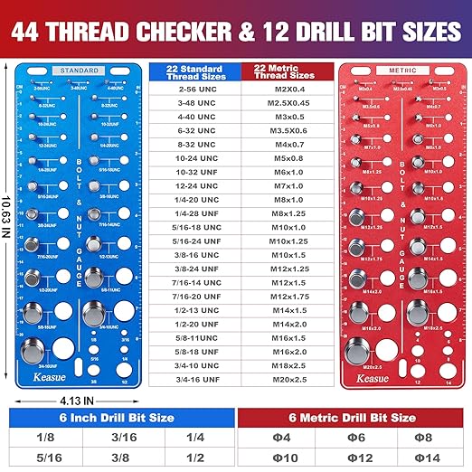 56Pcs Thread Checker, Nut and Bolt Thread Checker Standard and Metric, Thread Gauge Include 22 Inch & 22 Metric & 12 Drill Bit Sizes, Suitable for Nut Bolt Size Finder Classification