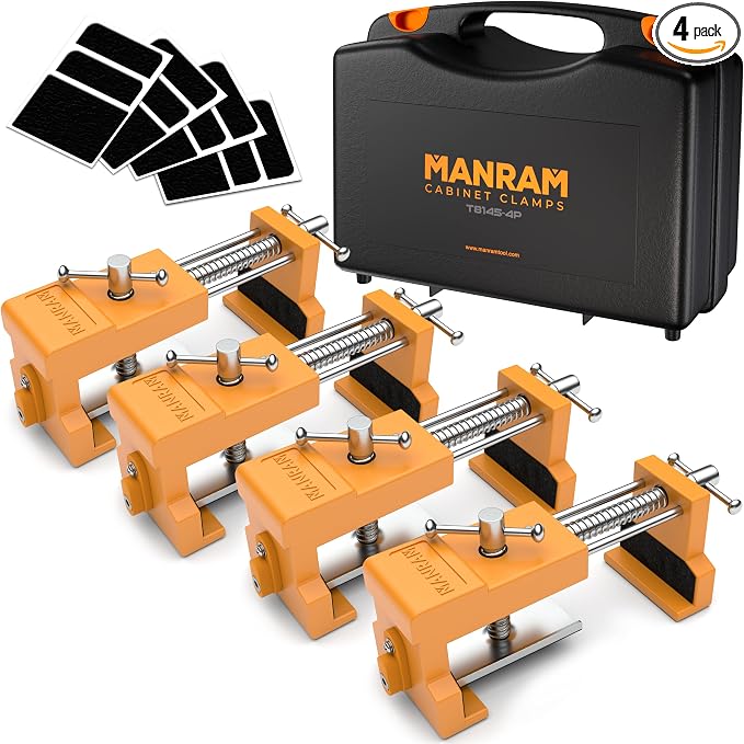 MANRAM Cabinet Clamps 4 Pack A Great Gift for Dad, Heavy Duty Cast Steel Face Frame Alignment Tool with Integrated Drill Guide, EVA Protective Pads and Carrying Case for Cabinet Installation