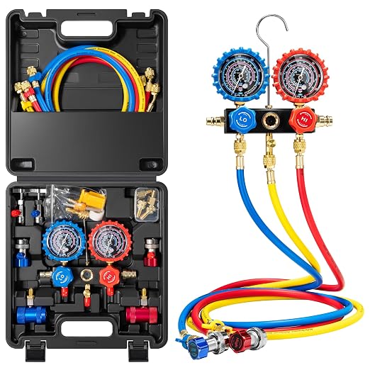 VIVOHOME HVAC Manifold Gauge Set for R134a R1234yf R454B R410a R32 with 5ft Hoses Quick Couplers and Can Taps and 1/3 HP 4.5 CFM A2L HVAC Vacuum Pump with Sparkless Motor for R32 R1234yf R454B R410a