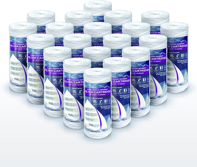 High Capacity Wound String 5 Micron Sediment Water Filter Cartridge 10” x 4.5” Removes Sand, Dirt, Silt, Rust, Extended Filter Life Compatible with 355215-45, 84637, PC10, WP1097P, WPX597P (20 Pack)