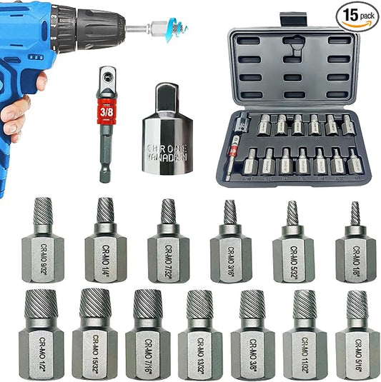 15PCS CR-MO Screw Extractor Set – 3/8" Hex Drive Multi-Spline Easy-Out Kit for Broken, Stripped, Rounded Screws/Bolts, Broken Bolt Remover，Includes Adapter & Blow-Molded Case (1/8"-1/2")