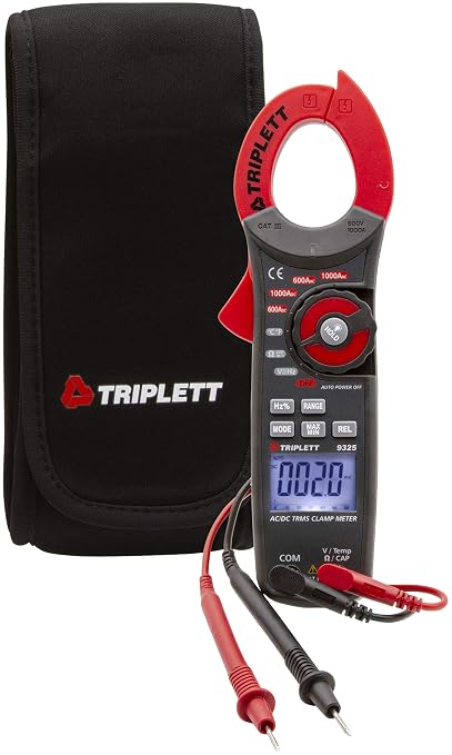 Triplett 9325 True RMS 6000 Count Clamp-On Digital AC/DC Meter - Current, Voltage, Resistance, Frequency, Capacitance, Temperature, Continuity, Diode Check, and Duty Cycle
