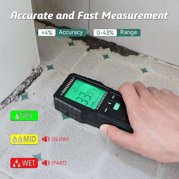Pinless Moisture Meter for Wood Concrete Digital Wall Moisture Detector | Non Destructive,Moisture Tester, Audible Alarm & HOLD Function, Ideal for Firewood, Lumber, Home Inspections