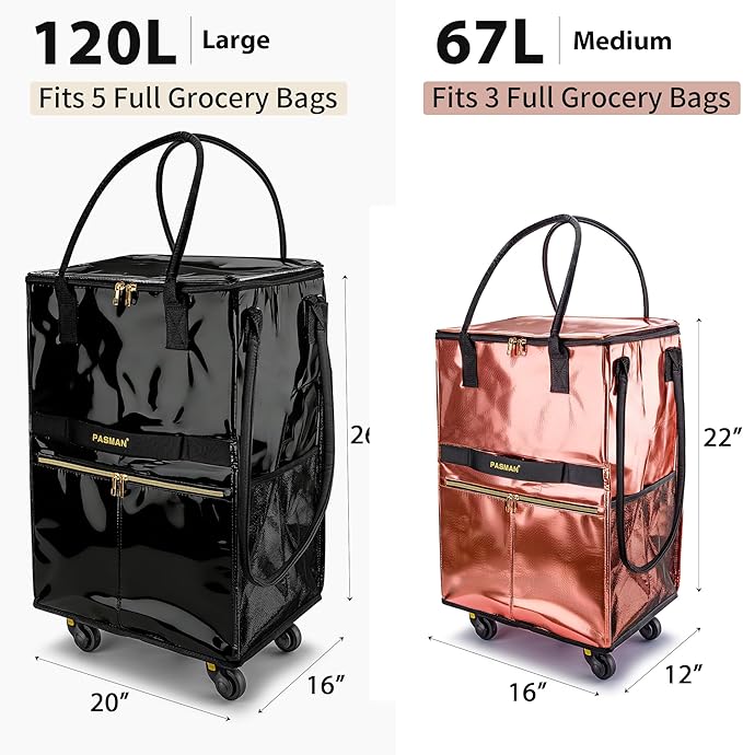 Reusable Grocery Bag on 5 Wheels, Foldable Rolling Tote Bag with Handle and Zipper Cover, Heavy Duty Shopping Cart for Laundry, Market & Travel (Navy Blue, Large_120L)