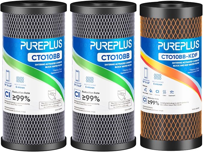 PUREPLUS 5 Micron 10"x4.5" Whole House Water Filter Replacement Bundle 3 Pack – 2× CTO Chlorine Taste Odor Reduction + 1× KDF Heavy Metal Filter – Fits Standard Housings GXWH40L, WFHDC8001, FXHTC