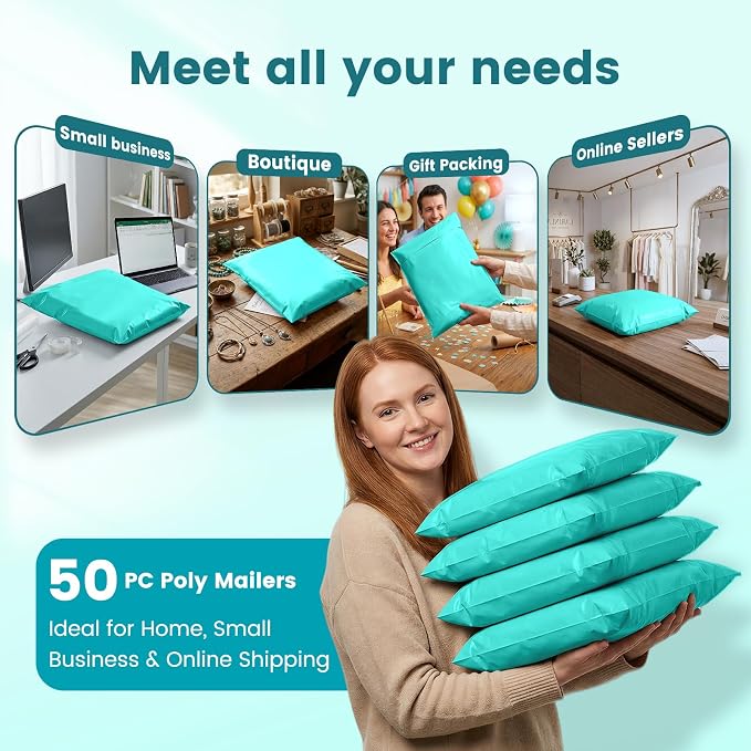 Metronic Teal Poly Mailers 14.5x19 50PC, Large Poly Mailers for Small Business Self-Seal Shipping Bags for Clothing, Shipping Envelopes, Packaging Bags, Mailing Poly Bags
