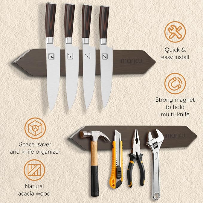 imarku 16" Magnetic Knife Strip, Heavy Duty Wall Mounted Knife Holder, Secure Magnetic Grip for Easy Organization, Kitchen Utensil Rack with 4 Hooks, dark
