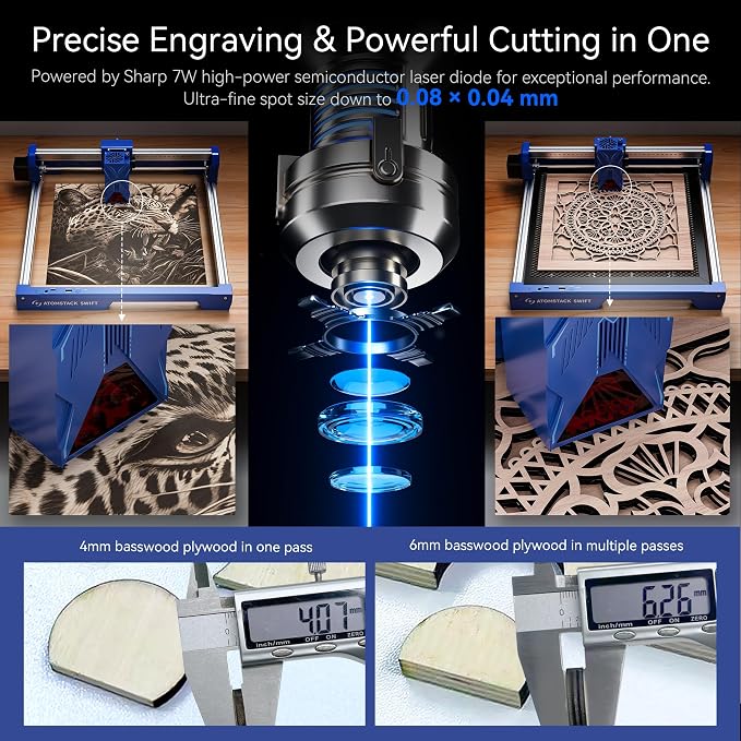 ATOMSTACK Swift 7W Laser Engraver and Cutter, 0.06mm High Accuracy Laser Engraving Machine for Wood and Metal, Dark Acrylic, Glass & Leather, DIY Laser Cutter with Eye Protection(Blue)