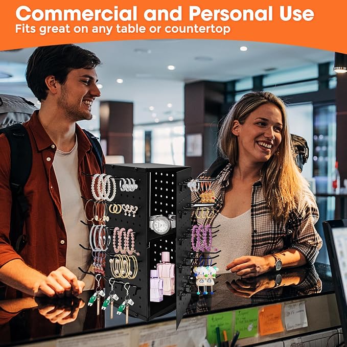 360° Rotating Pegboard Display Stand with 60 Hooks & Inner Storage Compartments - Metal Peg Board Keychain Jewelry Display Stand for Vendors, Retail, Craft Shows (Black)