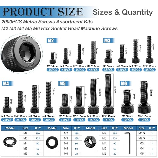mxuteuk 2000PCS Metric Screw Assortment Kit,M6 M5 M4 M3 M2 Machine Screws,12.9 Carbon Steel Black Zinc Plated Hex Socket Head Cap Bolts Nuts and Washers Kit for 3D Printing DIY