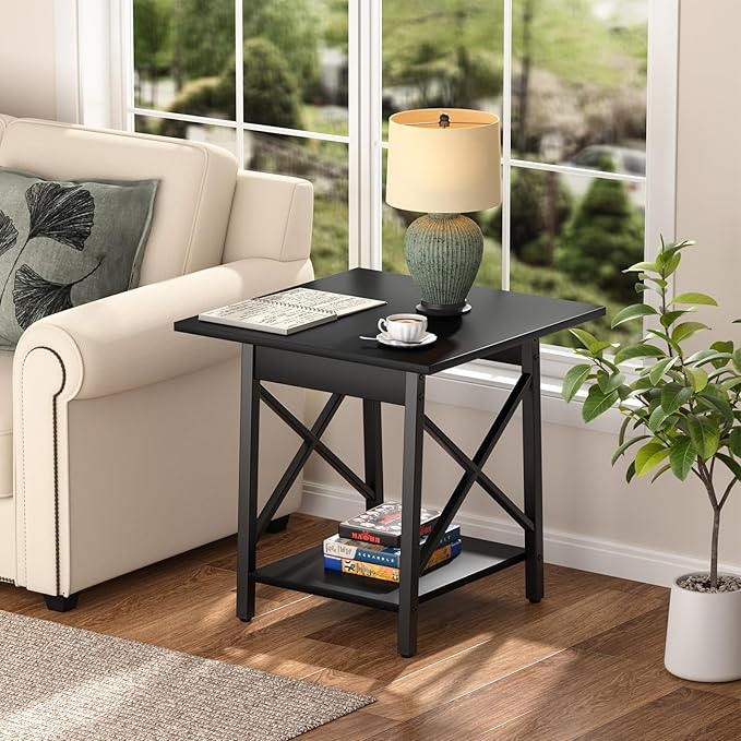 GreenForest Square End Table 24 Inch with X-Frame 2-Tier Storage | Nightstand for Living Room & Bedroom, Rustic Decor, Sturdy, Waterproof Scratchproof Top, Easy Assembly, Black