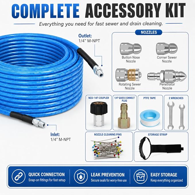 100 FT Sewer Jetter Kit for Pressure Washer, 5800PSI Water Jet Drain Cleaner Hose, 1/4 Inch NPT Corner with 4 Sewer Jetting Nozzles, Pearl Corsage Pin, Waterproof Tape, Handle Strap&2 Spanner (Blue)