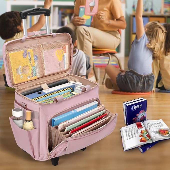 LUXJA Rolling Teacher Bag with Laptop Compartment and Detachable Dolly, Multifunctional Rolling Briefcase with Accordion File Area (Patented), Pink