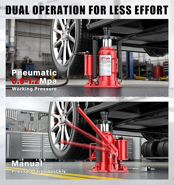 20 Ton Air Hydraulic Bottle Jack, 10-3/8" to 20-1/16" Lift Range, Manual and Air Pump Dual Operation, for Car, Auto Repair, Truck, Industrial Engineering
