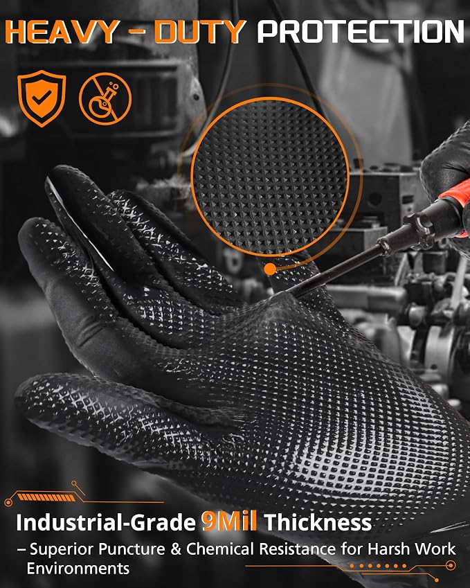wcy ANBOSON 9 Mil Heavy Duty Nitrile Gloves, Raised Diamond Texture Grip, Latex Free Disposable Industrial Mechanic Work Gloves, Chemical & Puncture Resistant,Black,30 Count