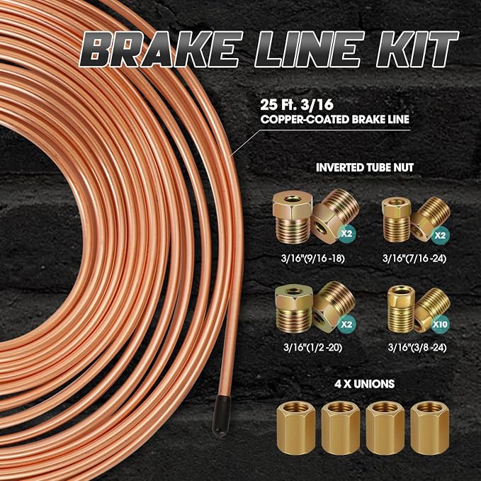 DNA Motoring Brake Line Tubing Kit, 25 Ft. of 3/16 Copper Coated Flexible Tube, Upgraded Brake Line Tube Roll with 16 Fittings and 4 Unions, TOOLS-00773