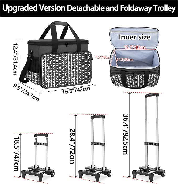 Yarwo Rolling Sewing Machine Carrying Case, Detachable Trolley Tote Bag with Removable Bottom Board and Thickened Trailer Leg for Most Standard Sewing Machine and Accessories, Black with Arrow