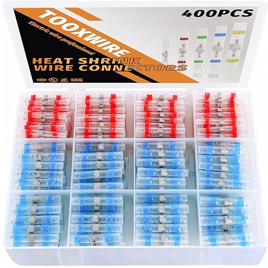 400PCS Solder Seal Wire Connectors, Heat Shrink Wire Connectors Kit, Waterproof Heat Shrink Butt Connectors for Marine Automotive Boat Truck RV Wiring, AWG 22-14, 2 Sizes