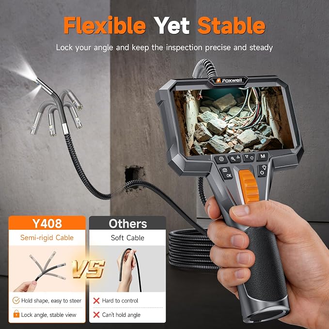 FOXWELL Dual Lens Two-Way Articulating Borescope, 1080P Endoscope Camera with Light, IPS HD Screen, IP67 Waterproof, 5.3FT Flexible Semi-Rigid Snake Scope for Automotive Engine Pipe Home Inspection