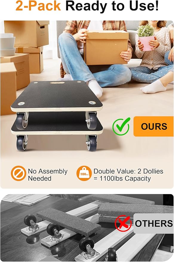 (2 Pack) Heavy Duty 551LB Square Moving Dolly - 3" TPR Wheels | Sturdy Plywood Base, No Assembly - for Appliances, Boxes, Garage & Retail Use
