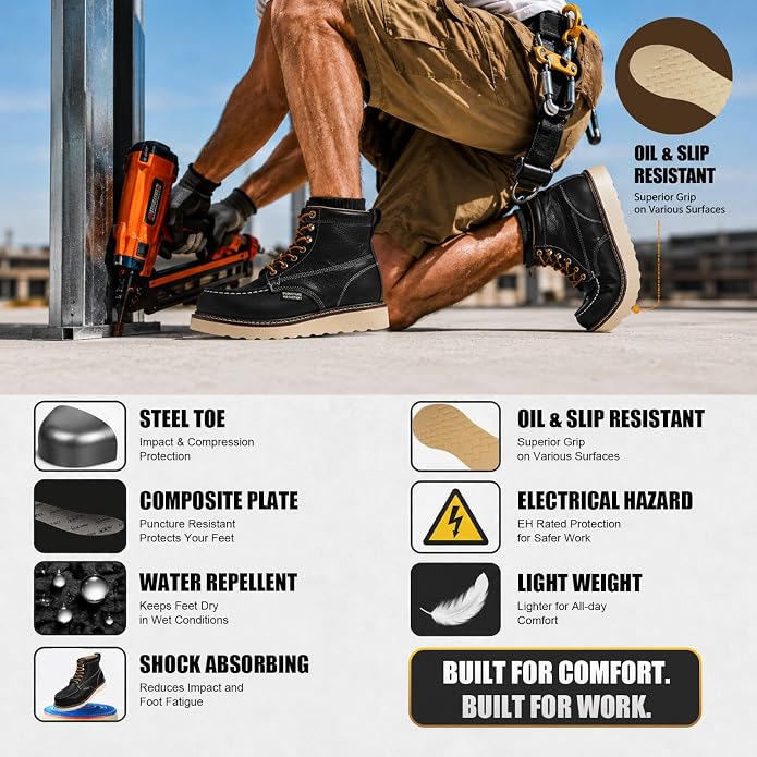 Work Boots for Men, 6" Leather Lightweight Comfort Moc Toe Steel Toe Puncture Resistant Wedge Safety Boots, Goodyear Welt, Industrial, Construction, Electrician, US 7-17