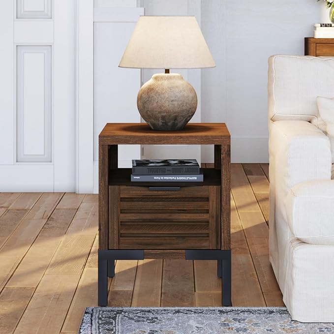 Bme Millie Solid Acacia Wood Rustic Nightstand with Drawers & Open Shelf, Pre-Assembled Industrial Modern Side Table for Living Room, Bedroom