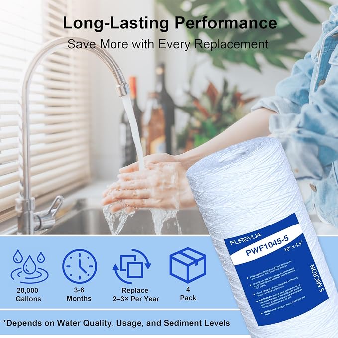 5 Micron 10"x4.5" String Wound Sediment Filter, Whole House Water Filter Cartridge for Well Water, Compatible with WP5BB97P, RS22, SWC-45-1005, Fits Standard 10" Big Housings, 4 Pack