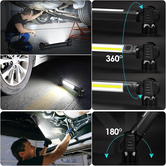 Ropelux Mechanic Work Light Bar with 2500LM 5200mAh Battery, Black 2 Pcs | 2-Level Brightness, 7500K Cool White, 4-10 Hours Runtime, Magnetic Bases, Hooks, 360° Rotating, Rechargeable, Tool Gift