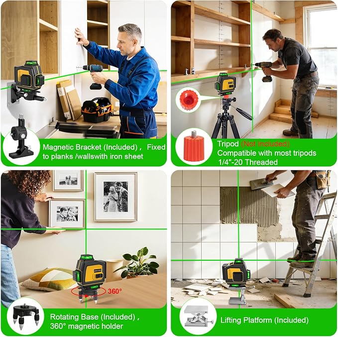 Laser Level 360 Self Leveling 4x360° 16 Lines Cross Line 4D Green Laser Level Tool with 2 Batteries, Charger, for Construction/Picture Hanging/Floor/Tile(Laser Class ll, <1mW Power Output)