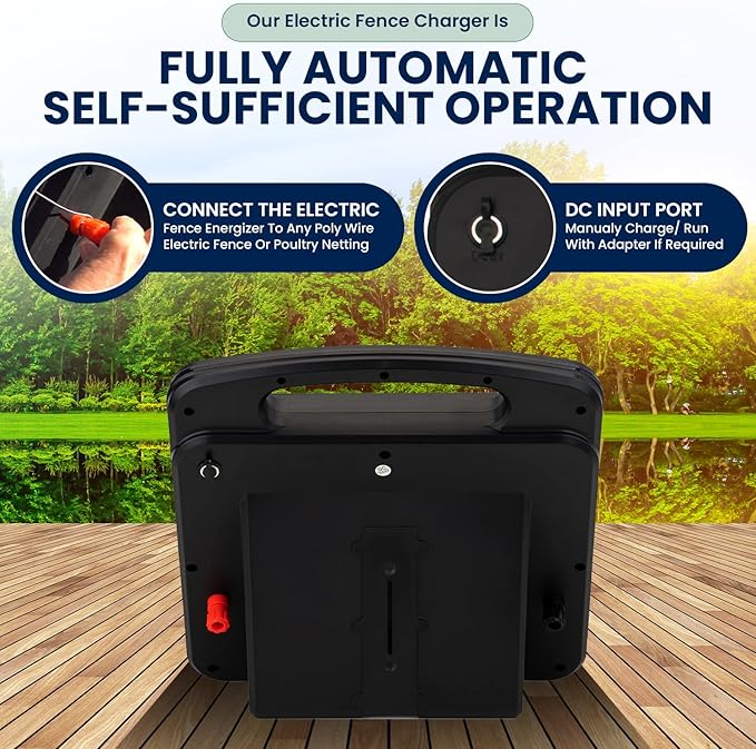 Solar Powered Electric Fence with Lithium Battery Energizer Containment & Protection of Livestock Horses Cattle Sheep Pets Easy Install Charger 0.25 Joules Output (9-11KV)