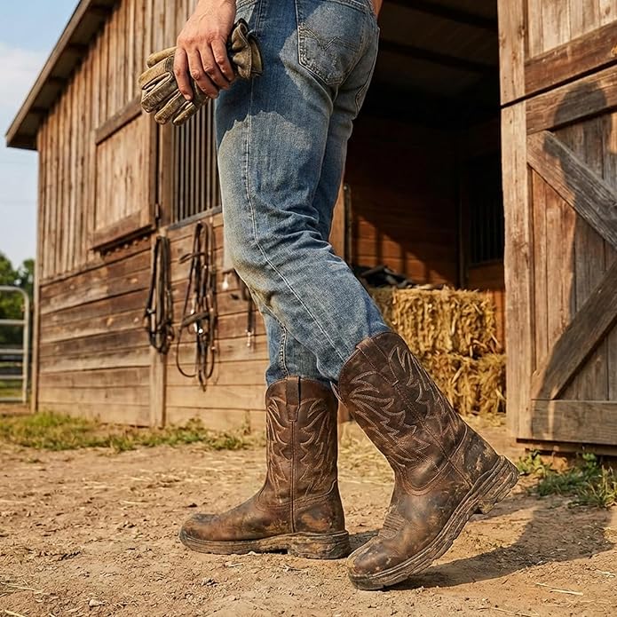 ANGRYRAM Cowboy Work Boots for Men Square Toe Leather Western Boot Slip Resistant Indestructable Steel Toe Safety Boots for Men Work-Man Pro Series