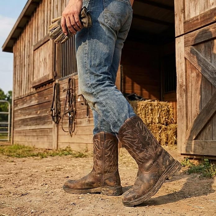 ANGRYRAM Cowboy Work Boots for Men Square Toe Leather Western Boot Slip Resistant Indestructable Steel Toe Safety Boots for Men Work-Man Pro Series