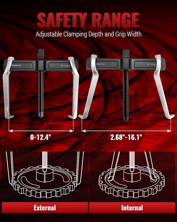 Reywoo 14" 2-Jaw Gear Puller for External (12.4" Max) & Internal (16.1" Max) Pulling, Heavy-Duty Bearing, Flywheel, Pulley and Gear Remover Tool, Adjustable CR-V Steel