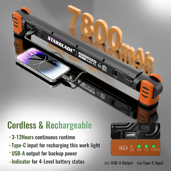 Underhood Magnetic Work Light for Mechanics, 4 Modes 2700K-6500K LED, 7800mAh 12H Battery, IP65 Waterproof, USB-C Rechargeable Hood Light for Car Repair/Garage/Emergency (Orange)