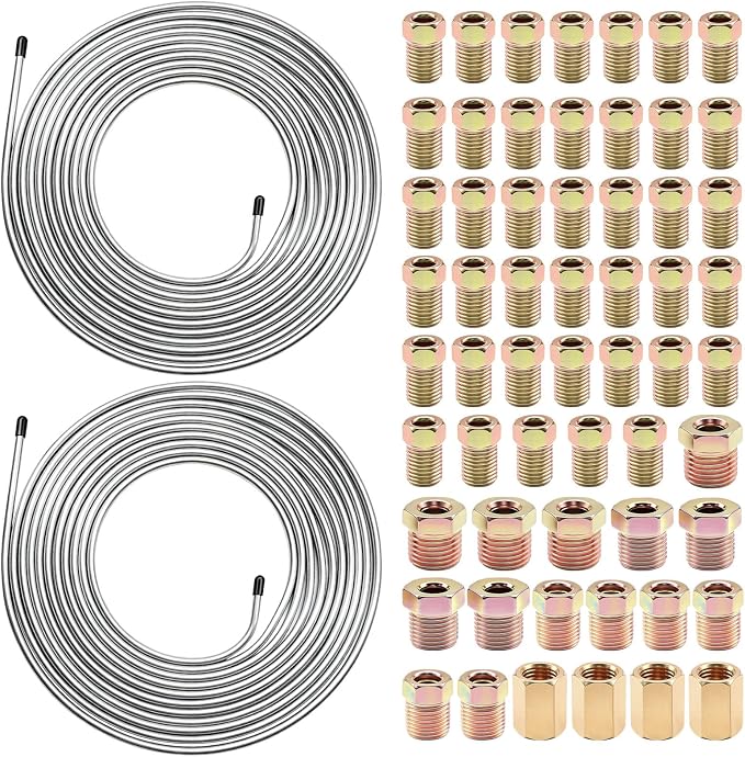 60Pcs 2 Sets 3/16 Inch 25 FT Brake Line Tubing Kit with 58 Pcs Brake Line Fittings, Zinc Coated Alloy Steel Brake Lines Kit Replacement for Hydraulic Fuel Transmission Line
