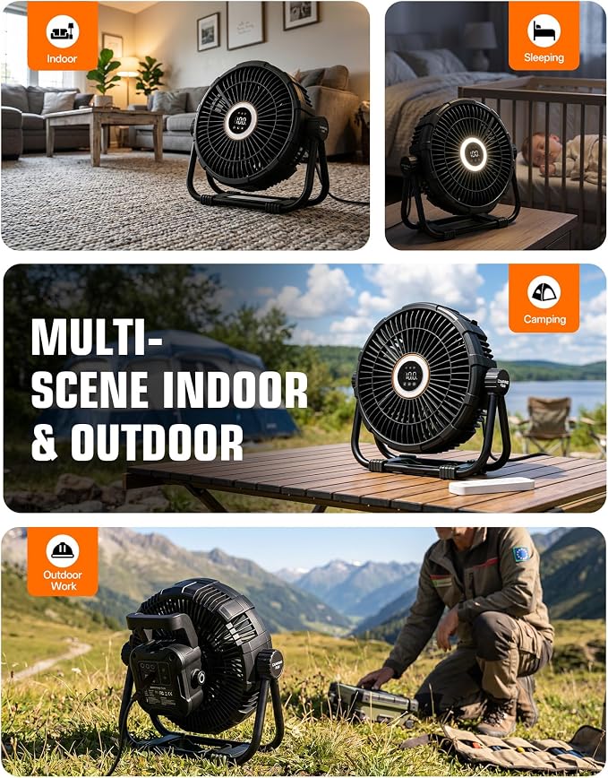 10" Plug-in Portable Camping Fan, Floor Fan with Stepless Speed, LED Light, Remote Control, 270° Rotation & 1-12h Timer for Indoor Bedroom Office & Outdoor Camping, Tent, RV